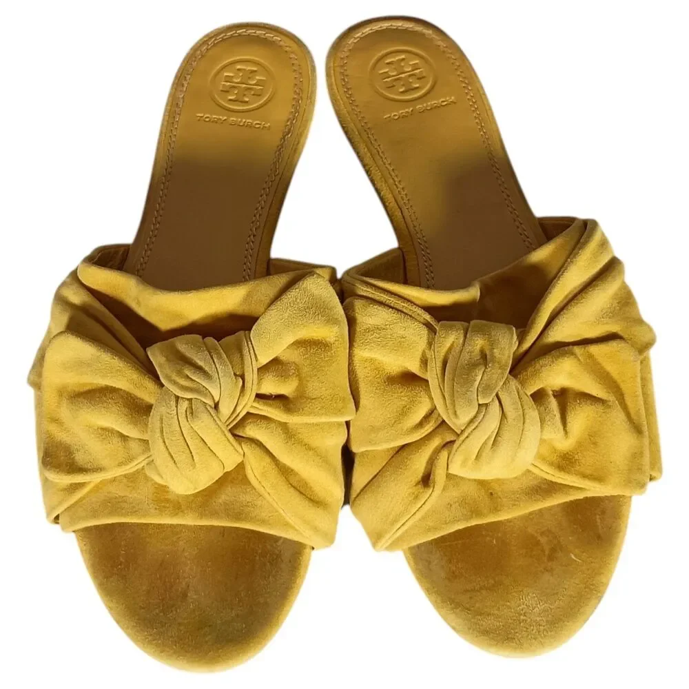 Tory Burch Annabelle Bow Slides Flats Sandals Yellow Suede Womens 8